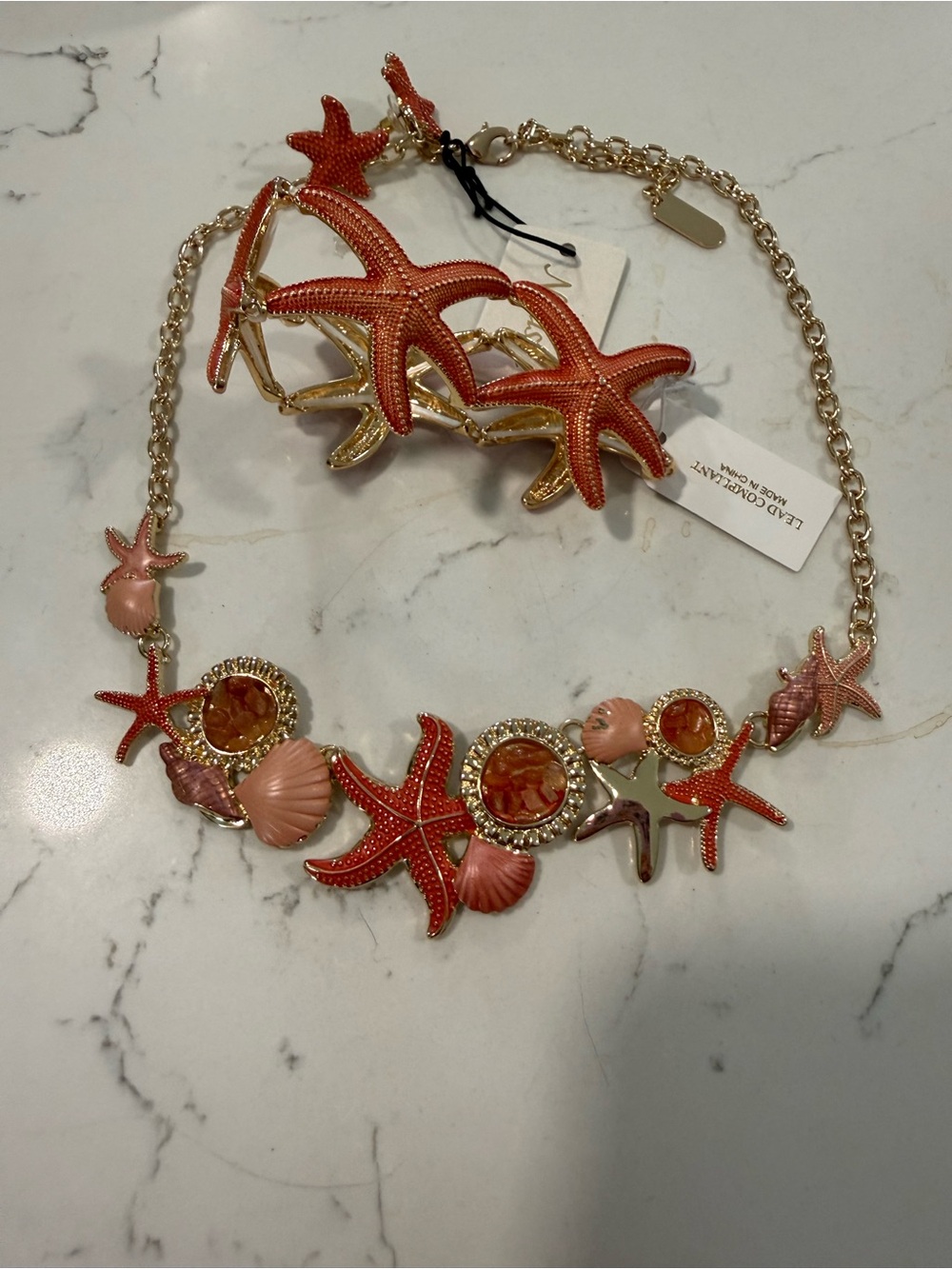 Natasha Couture Coral & Pink Starfish Shell Necklace & stud earrings